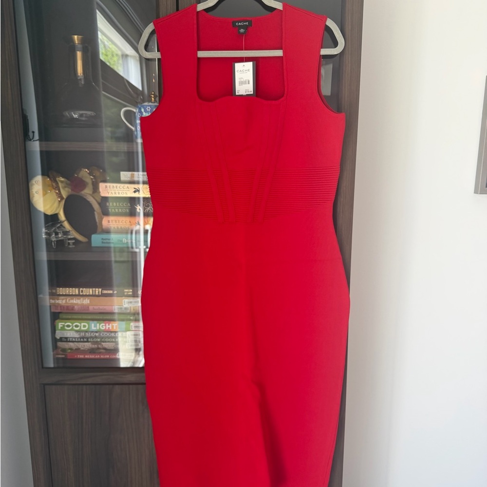 Cache Vibrant Red Midi Phantom Corset  Dress